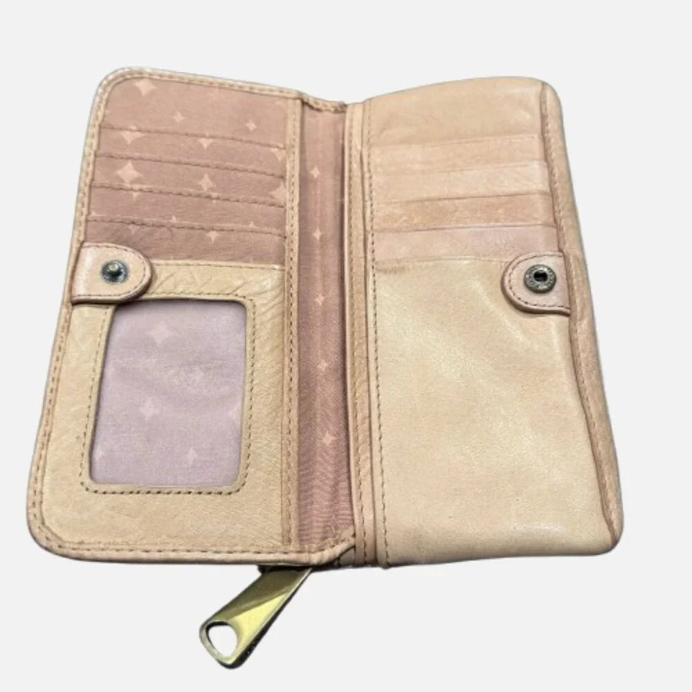 🗝Fossil Explorer Tan Leather Front Colored Stitch Accent Clutch Wallet YKK Zips